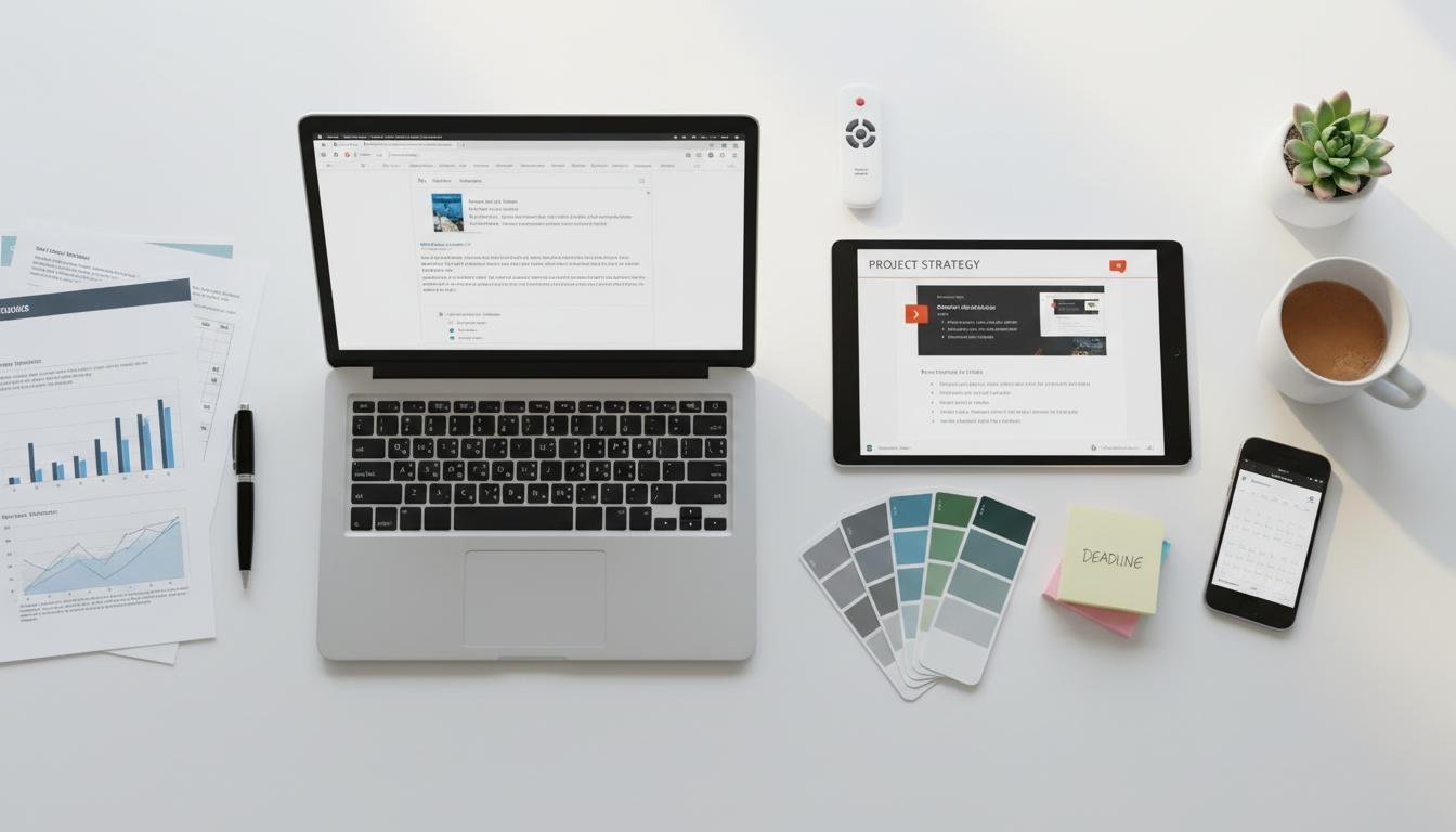 Escritorio con laptop, tablet y herramientas de oficina