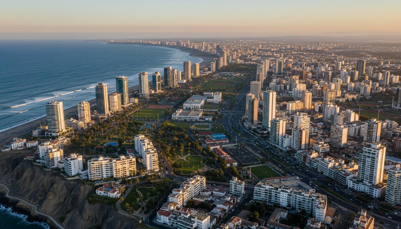 Vista aérea panorámica de Lima, Perú durante la hora dorada